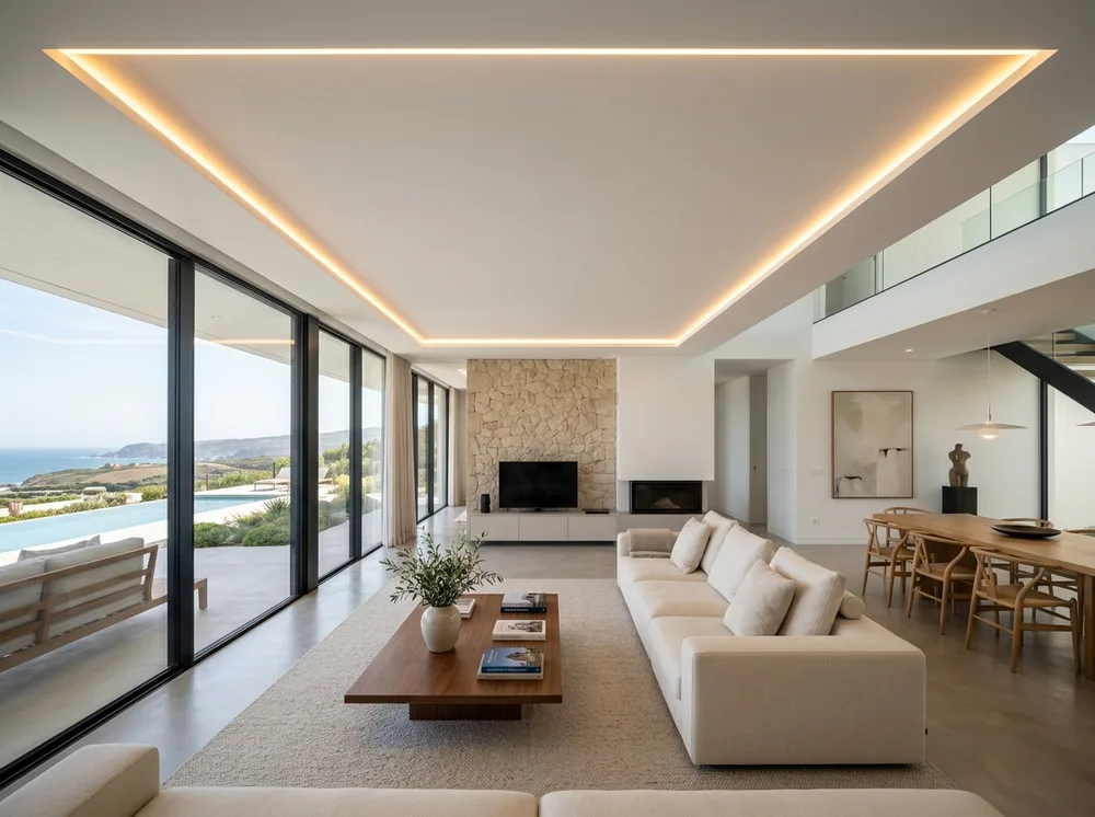 Teto falso em pladur com sanca de luz LED perimetral e acabamento de alto padrão